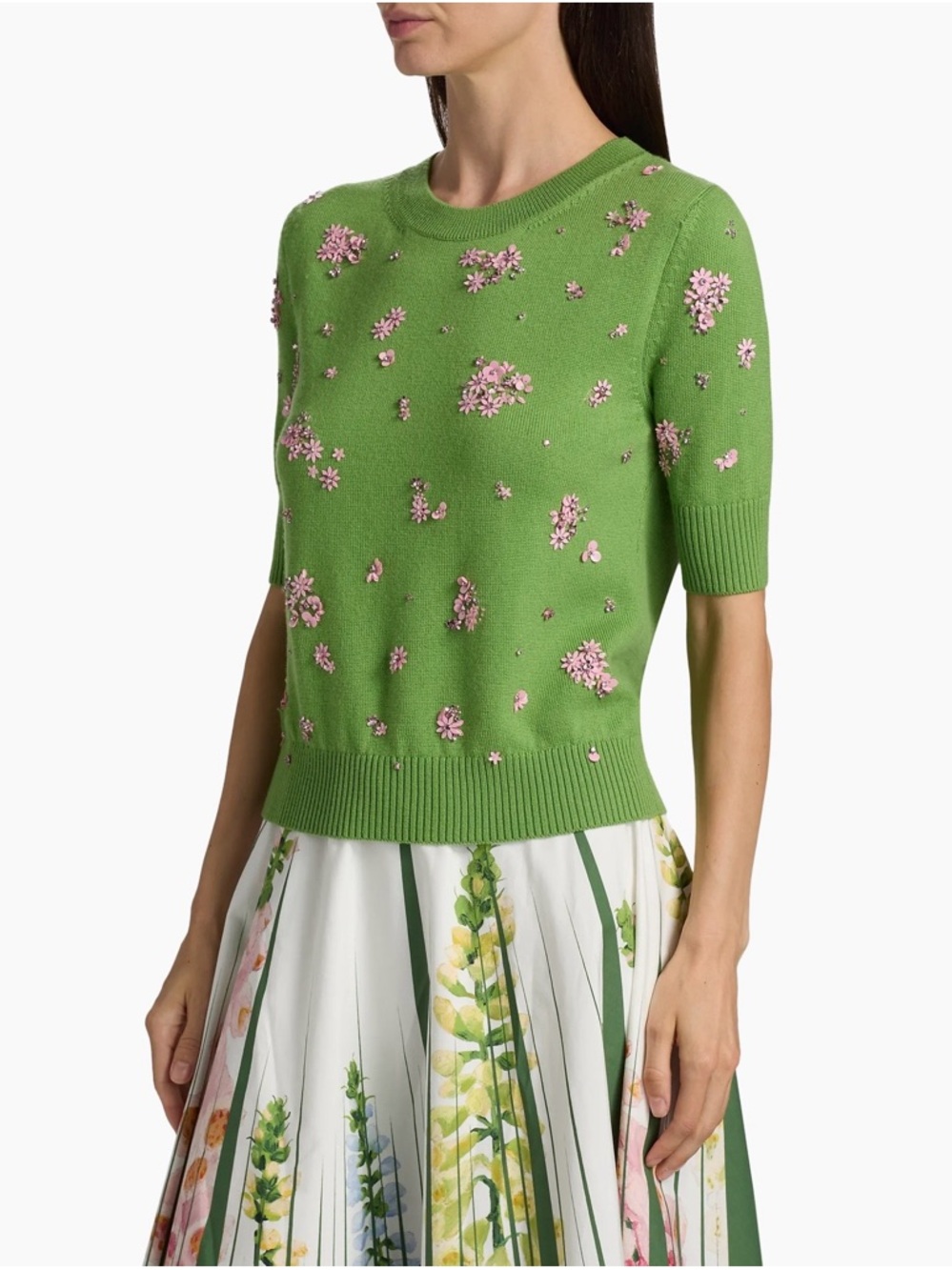 Oscar de la Renta Green Crewneck Sweater with Pink Floral Crystal Embroidery - Picture 5 of 16